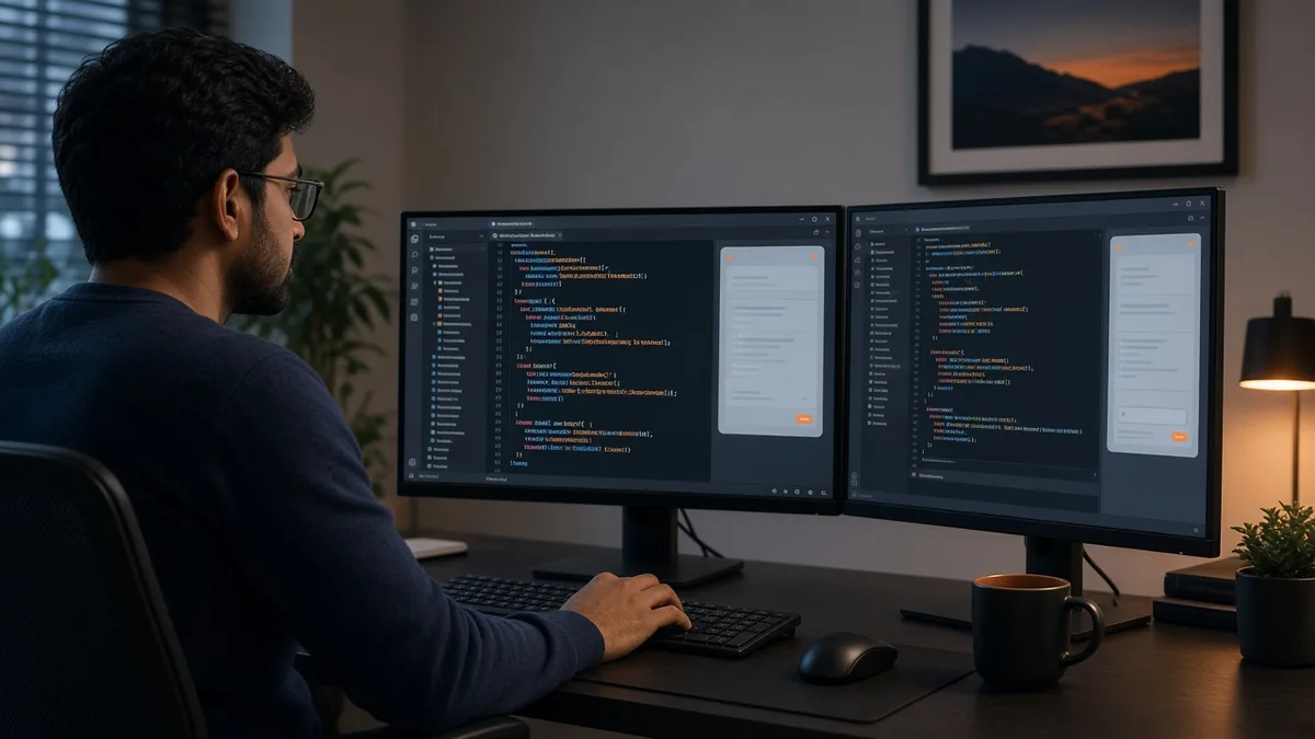 Software engineer using an AI-assisted development environment with subtle interface overlays