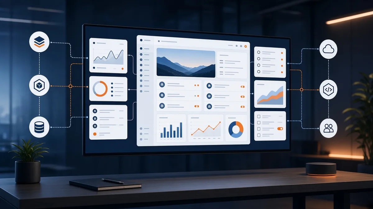 Modern application interface and connected software components representing application modernization