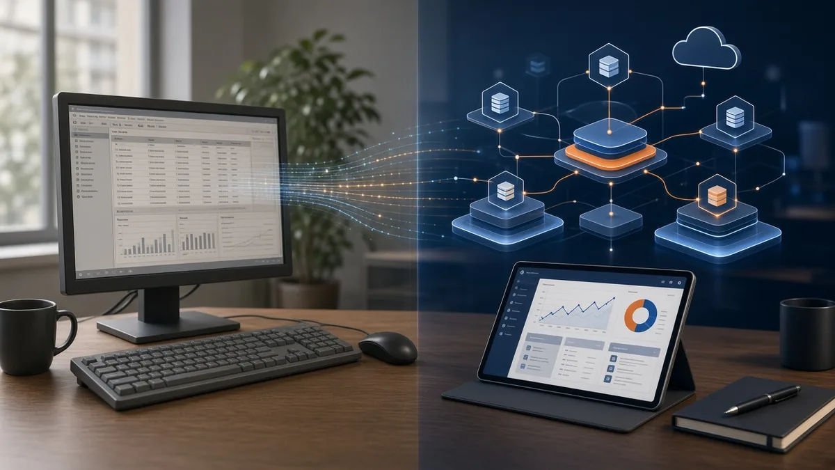 Visual transition from older business software to a modern connected application architecture