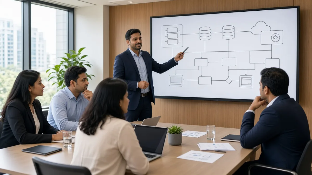 Technology consultant reviewing a software architecture plan with business stakeholders