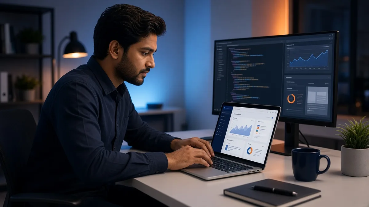 Developer building a custom business web application in a modern software development environment