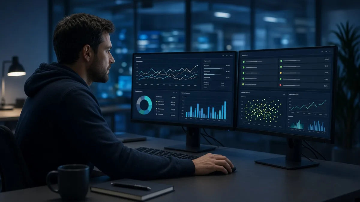 Engineer reviewing application health monitoring dashboards and software quality indicators