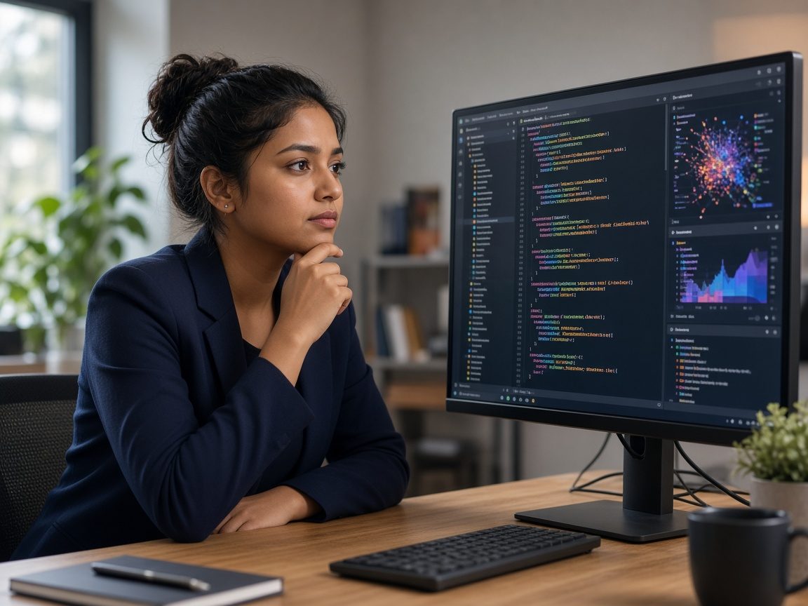 Software developer reviewing AI-assisted code during corporate training