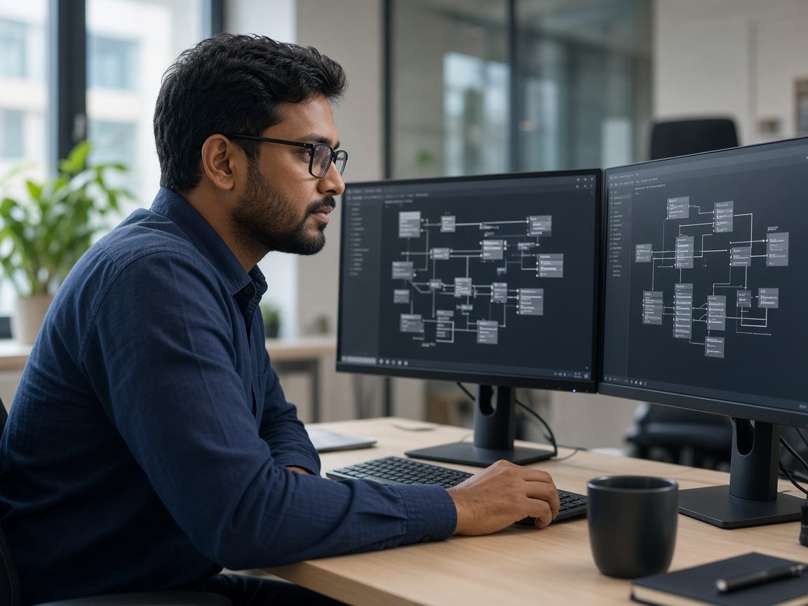 Professional reviewing database technologies during corporate IT training